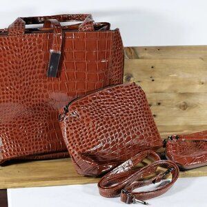 HARPER & HYDE 3Pcs Brown Croc Embossed Vegan Leather Tote Crossbody Bag,2 sm bag